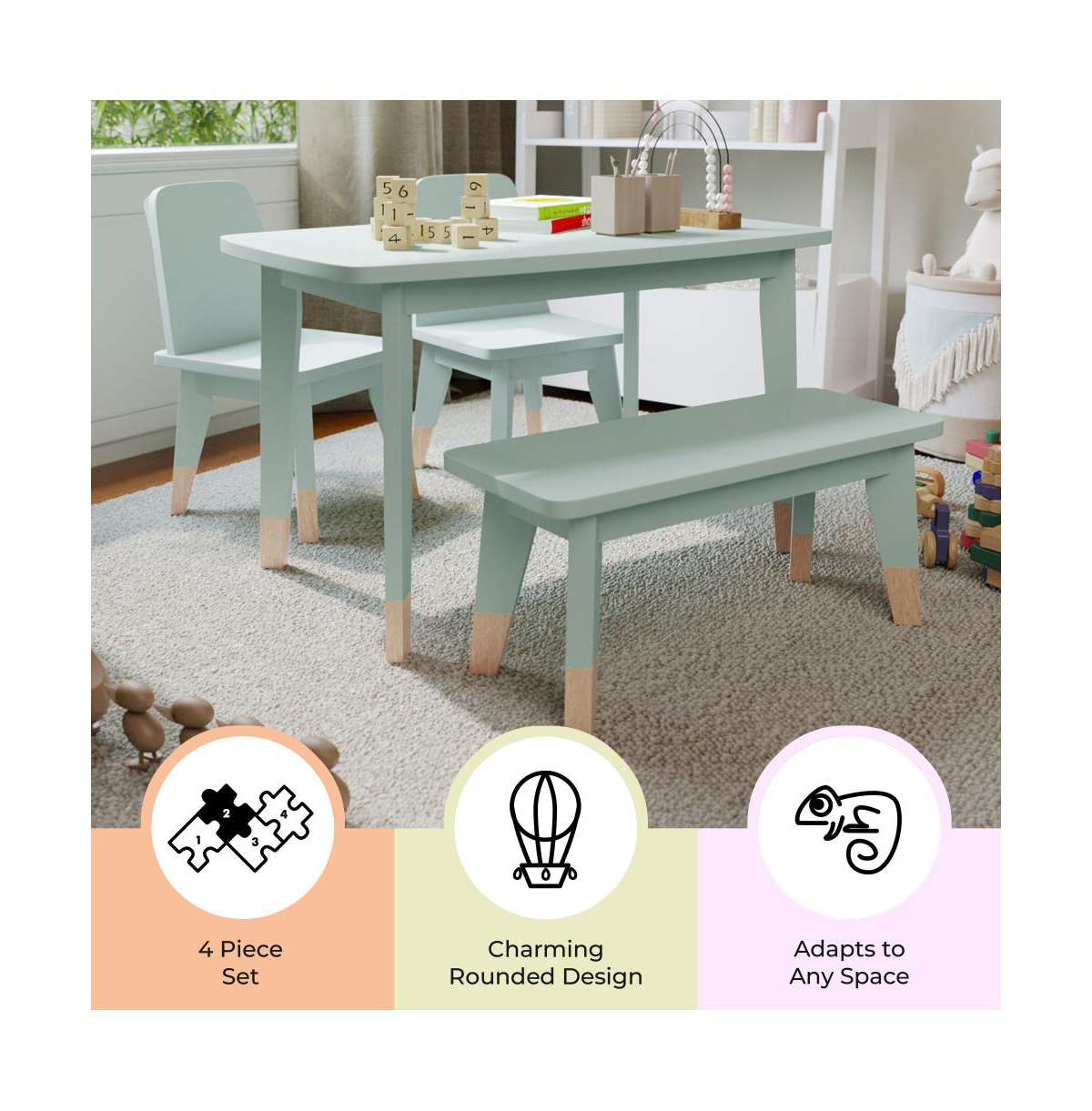 Buzz & Bloom Kids 4-Piece Wood Table, 2 Chairs, and Bench Seating Set with Rounded Corners