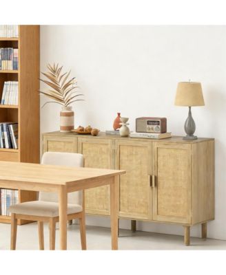 62.2" Natural Rattan Storage Cabinet, 2-Door Sideboard Buffet Coffee Bar Cabinet