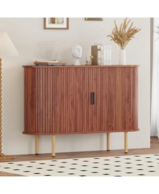 47" Fluted Sideboard Buffer Cabinet with Sliding Doors, Modern Wood Accent Storage Cabinet with Adjustable Shelves