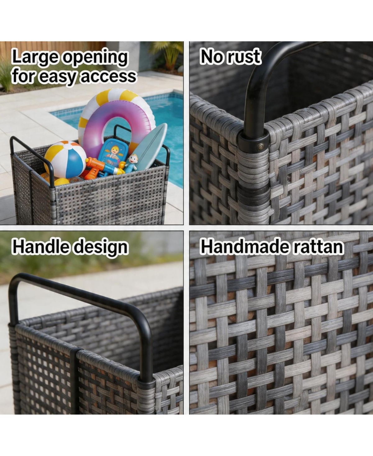 gaomon Poolside Rattan Storage Organizer, Outdoor Storage Bin, Pool Float Storage Holder with Mesh Rolling for Pool Noodles, Toys, Floats, Balls