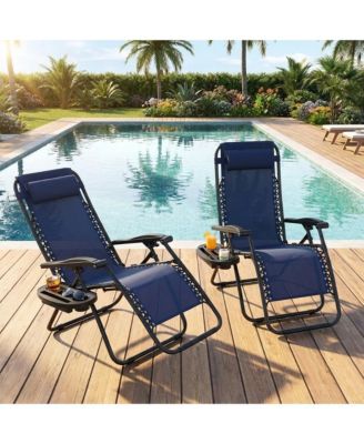 Set of 2 Blue Reclining Lounge Chairs, Heavy Duty Folding Patio Chairs with Pillow and Cup Holder for Pool, Beach, Backyard