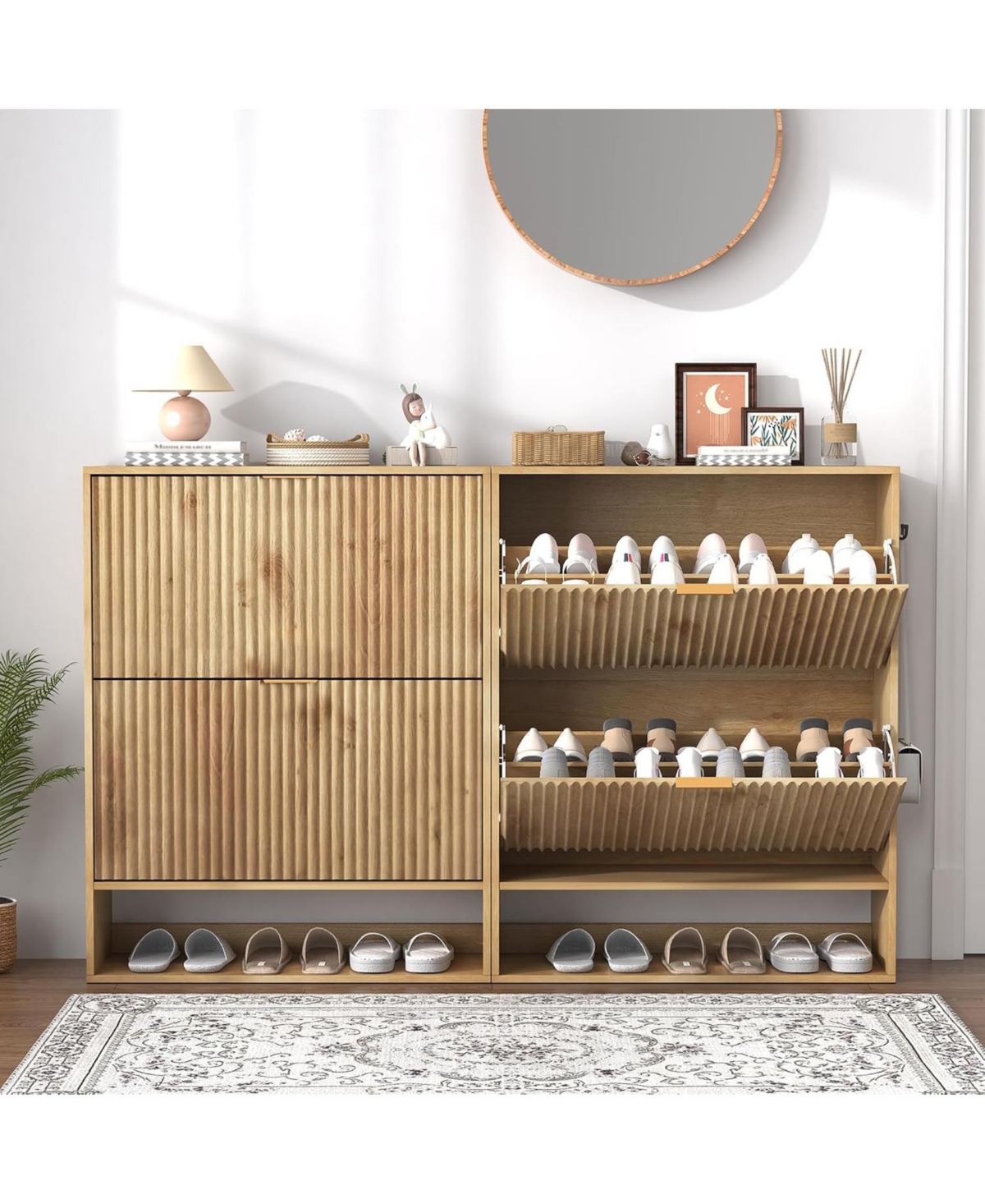 gaomon Set of 2 Fluted Shoe Cabinets for Entryway, Slim Freestanding Shoe Storage with Flip Drawers, Open Shelf and Side Hooks