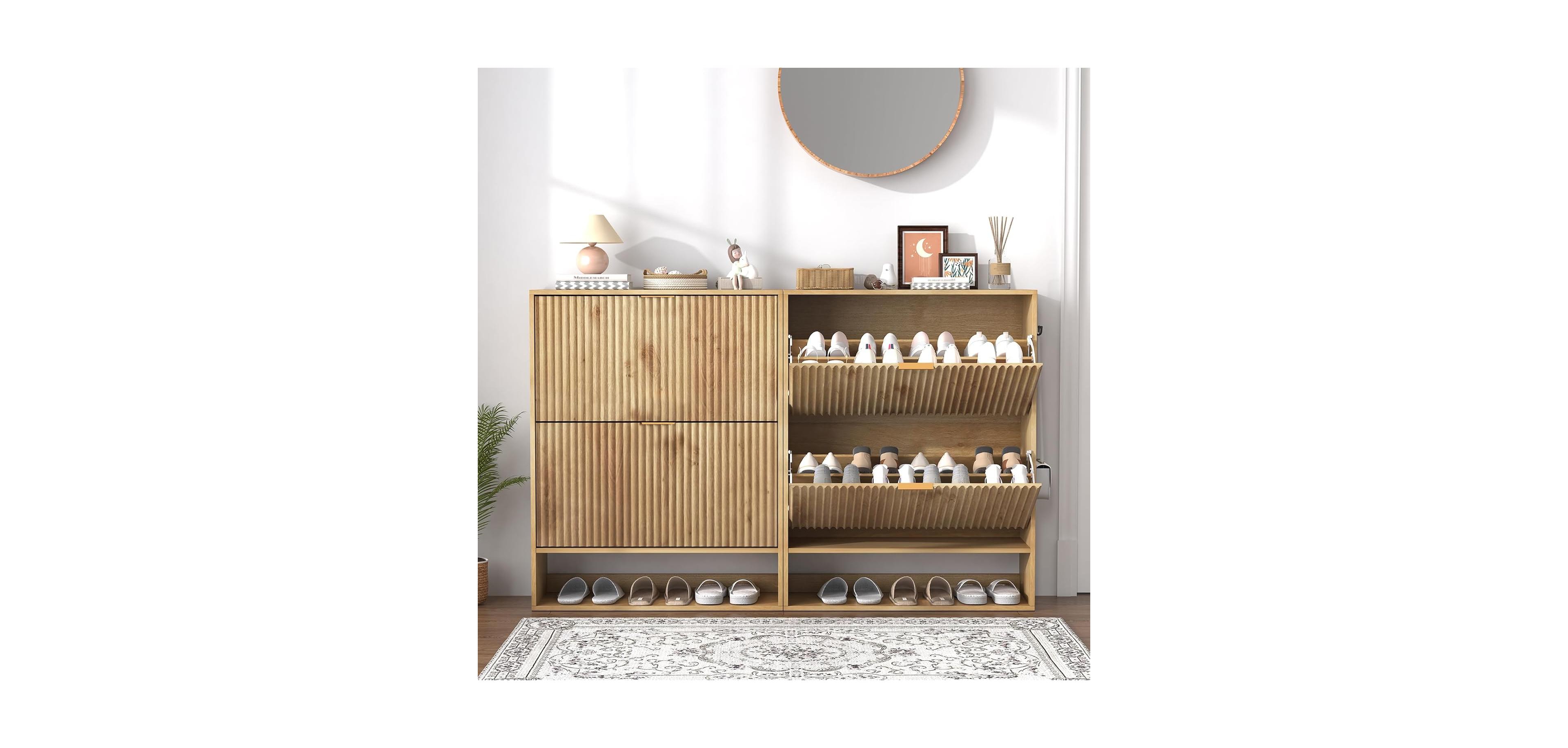gaomon Set of 2 Fluted Shoe Cabinets for Entryway, Slim Freestanding Shoe Storage with Flip Drawers, Open Shelf and Side Hooks