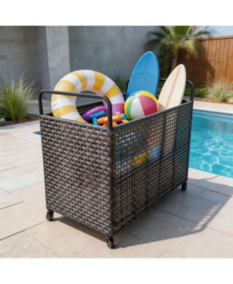 Poolside Rattan Storage Organizer, Outdoor Storage Bin with 2 Sides Handle, Pool Float Storage Holder with Mesh Rolling for Pool Noodles, Toys