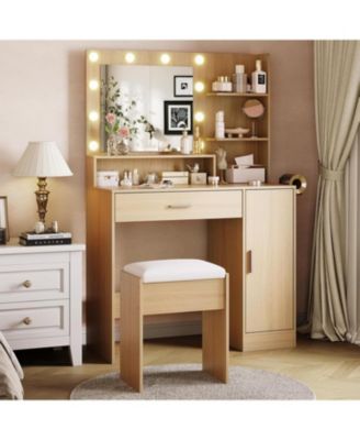 Modern Vanity Desk with Mirror and LED Lights, Makeup Dressing Table with Power Outlet and Storage Shelves, Vanity Set for Bedroom