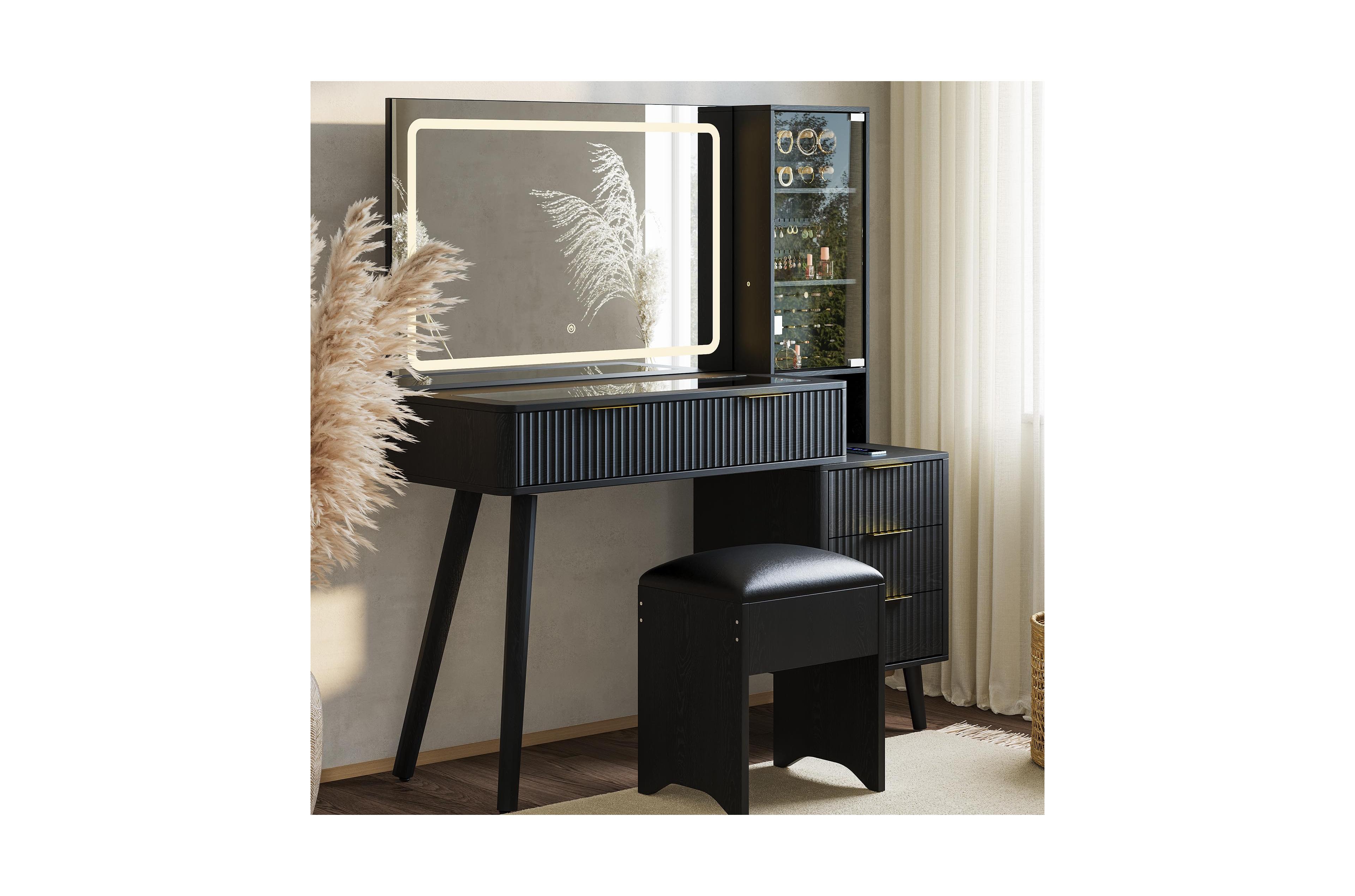 gaomon Vanity Desk with Lighted Mirror, Makeup Charging Station, Glass Top Dressing Table Cushioned Storage Stool for Bedroom