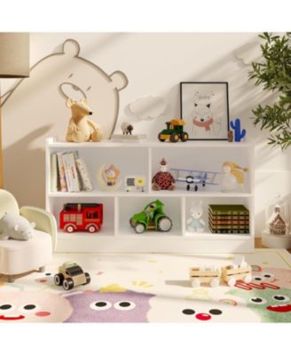 5-Section 2-Tier Toy Storage Organizer, Wooden Bookshelf for Playroom Nursery Classroom