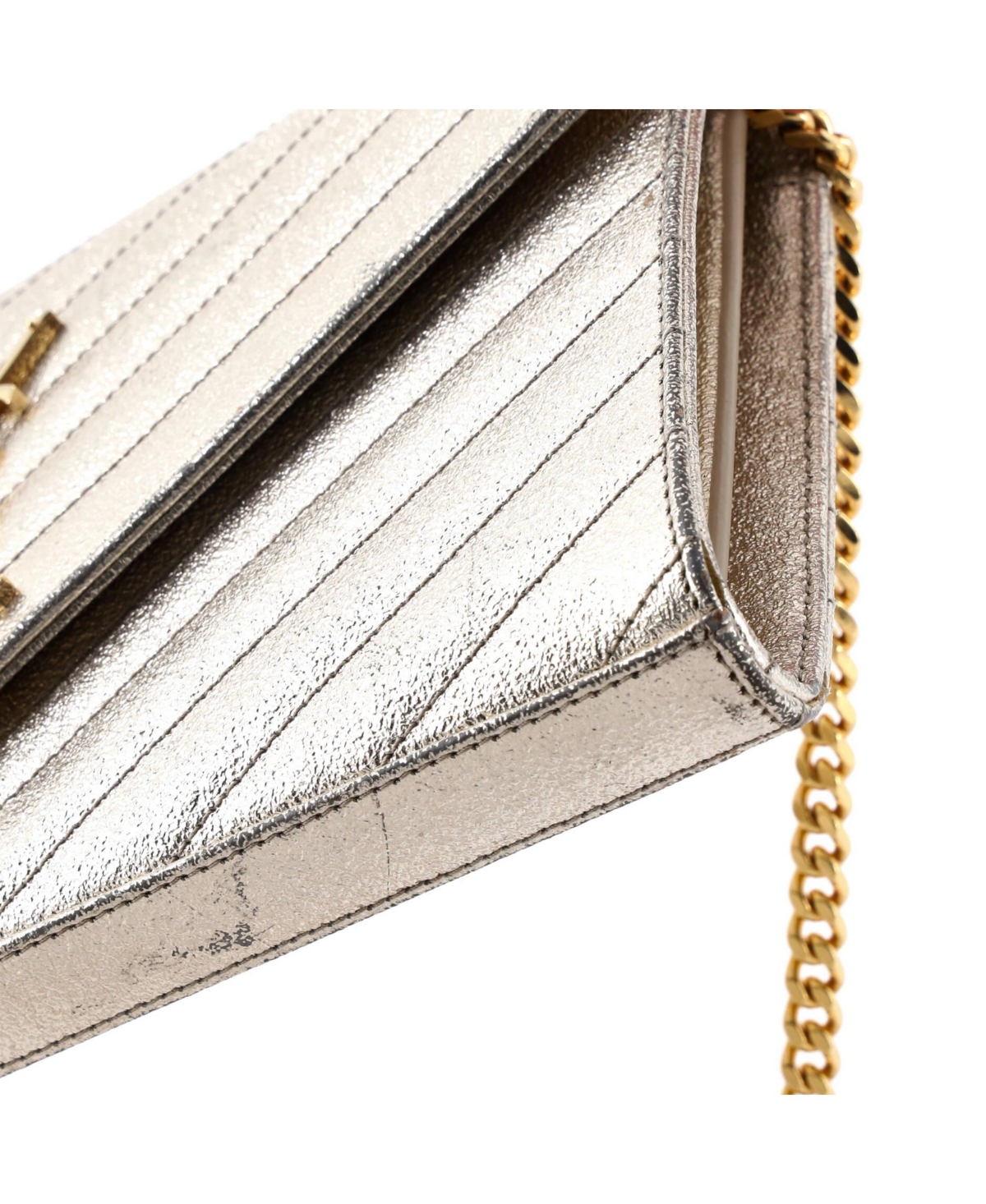 Pre-Owned Saint Laurent Medium Classic Monogram Wallet on Chain Matelasse Chevron Metallic Leather