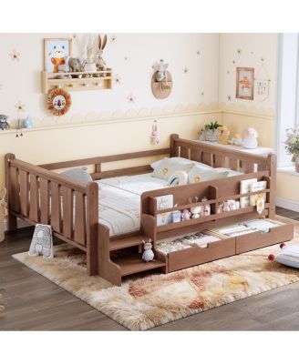 Solid Wood Floor Bed with Storage, Bookcases, and Stairs