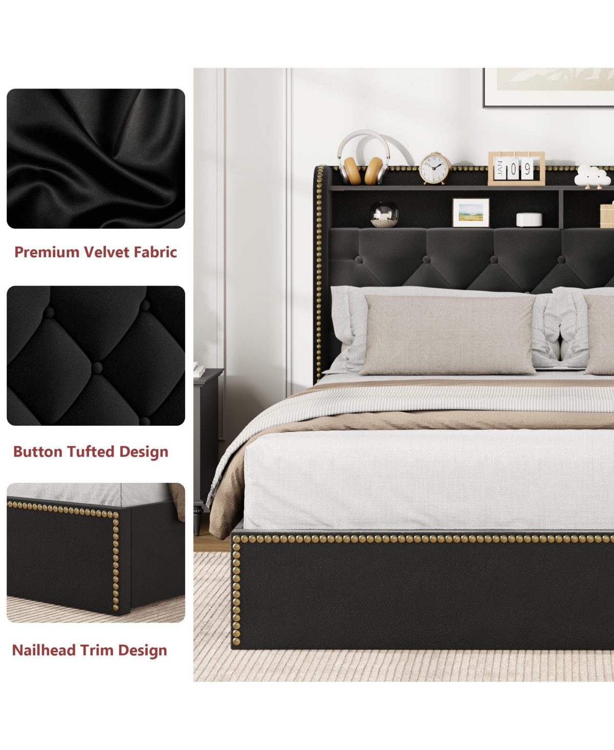 homfan Velvet Bed Frame with 4 Storage Drawers