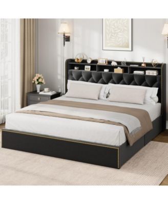 Velvet Bed Frame with 4 Storage Drawers, Upholstered Platform with Tufted Headboard and Nailhead Trim Design