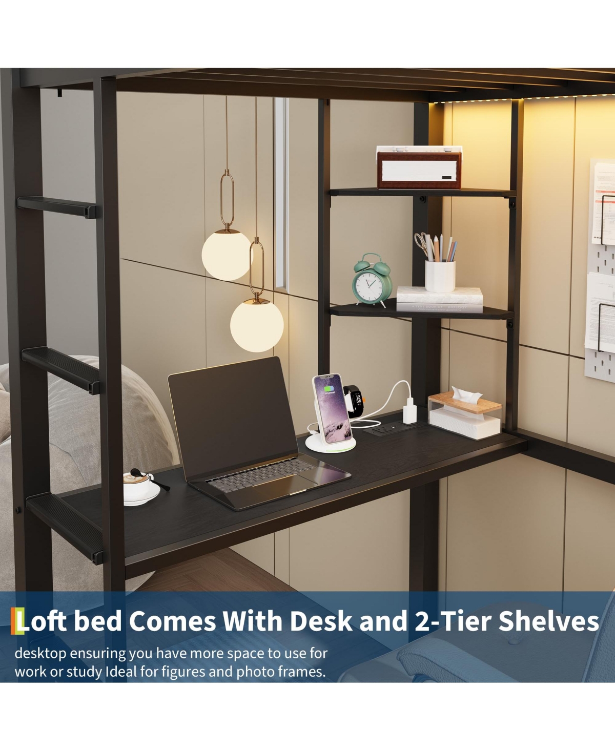 homfan Loft Bed with Desk, Metal Led Lights, 4 Large Fabric Drawers and Open Shelves, Power Outlets Safety Guardrails