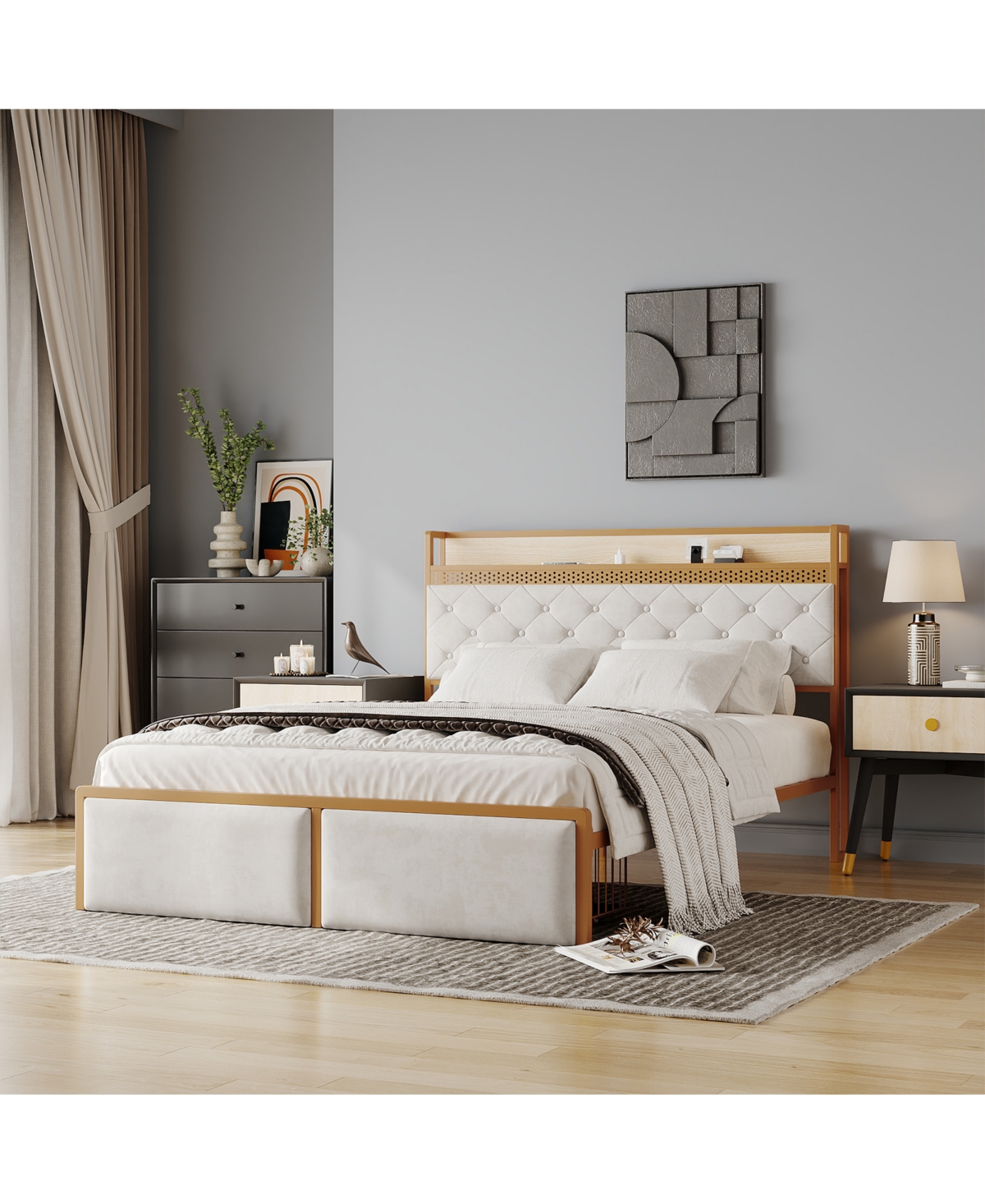 homfan Platform Bed Frame for Kids with Headboard, 2 Storage Drawers, Led Lighting, Usb Ports and Power Outlets, Silent, No Box Spring Needed