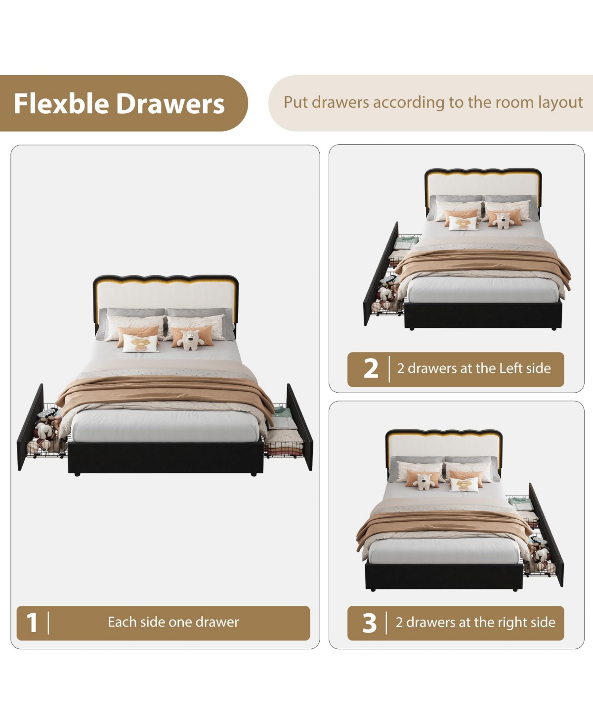 homfan Led Bed Frame with Storage Drawer and Adjustable Headboard, Velvet Princess Platform for Kids