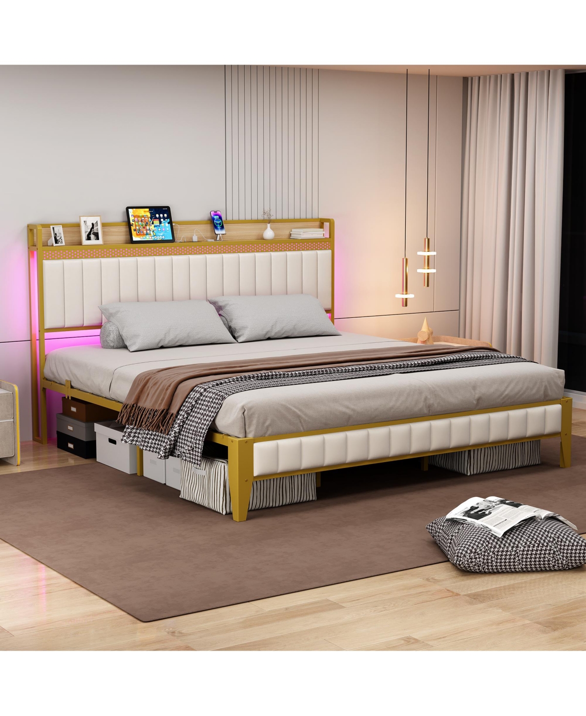 homfan Modern Upholstered Platform Bed with Storage Headboard, Led Lighting and Built-in Charging Station