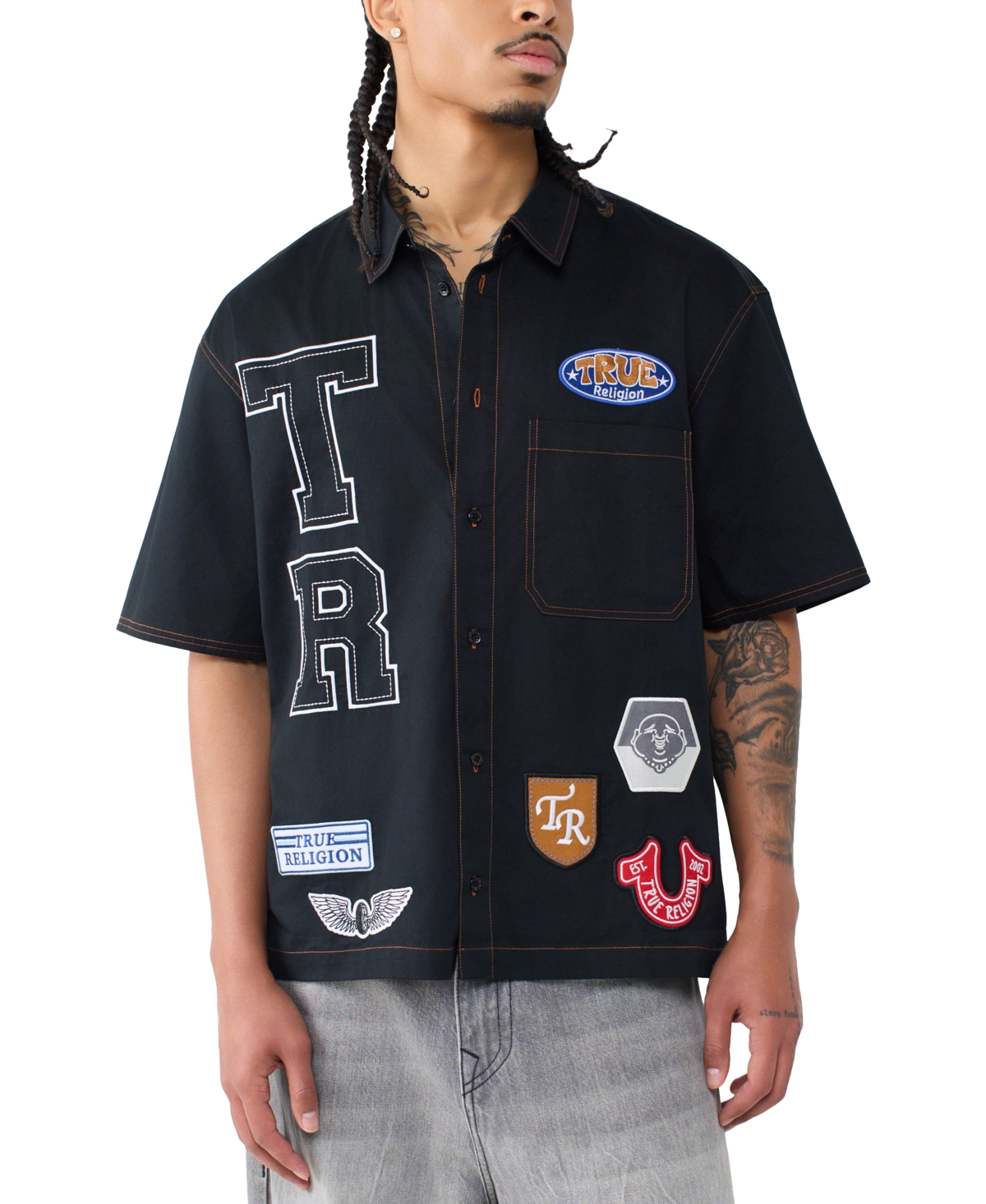 True Religion Men's Black Patch Logo Short-Sleeve Shirt