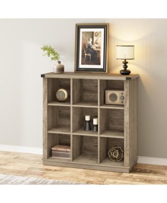 9-Cube Farmhouse Bookshelf, 3-Tier Wood Storage Organizer, Rustic Minimalist Floor Display Cabinet
