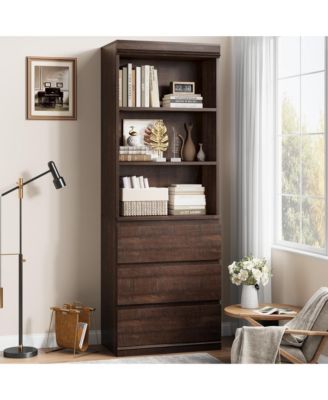 Industrial Tall Bookcase with Doors and Drawers, 5-Tier Wooden Bookshelf, Metal Frame Storage Rack