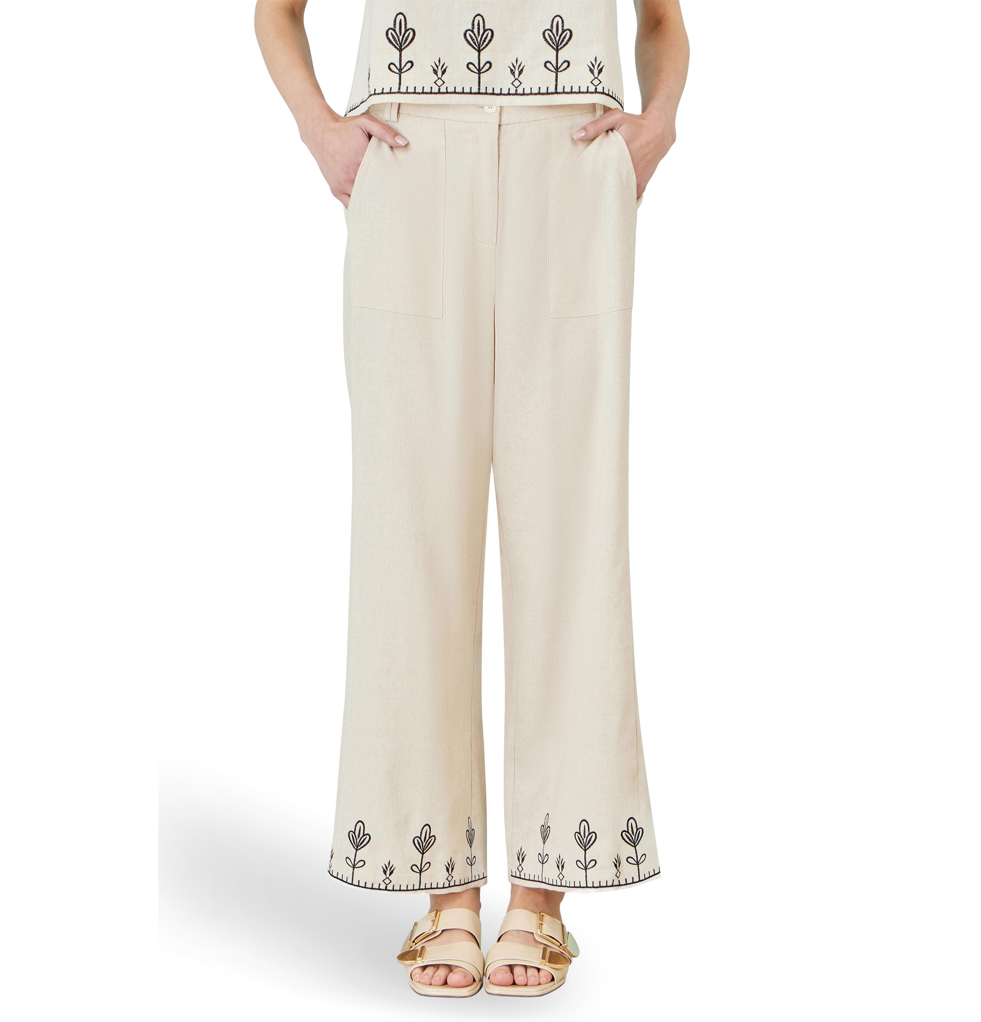 Yumi Women's Linen Mix Embroirdered Trousers