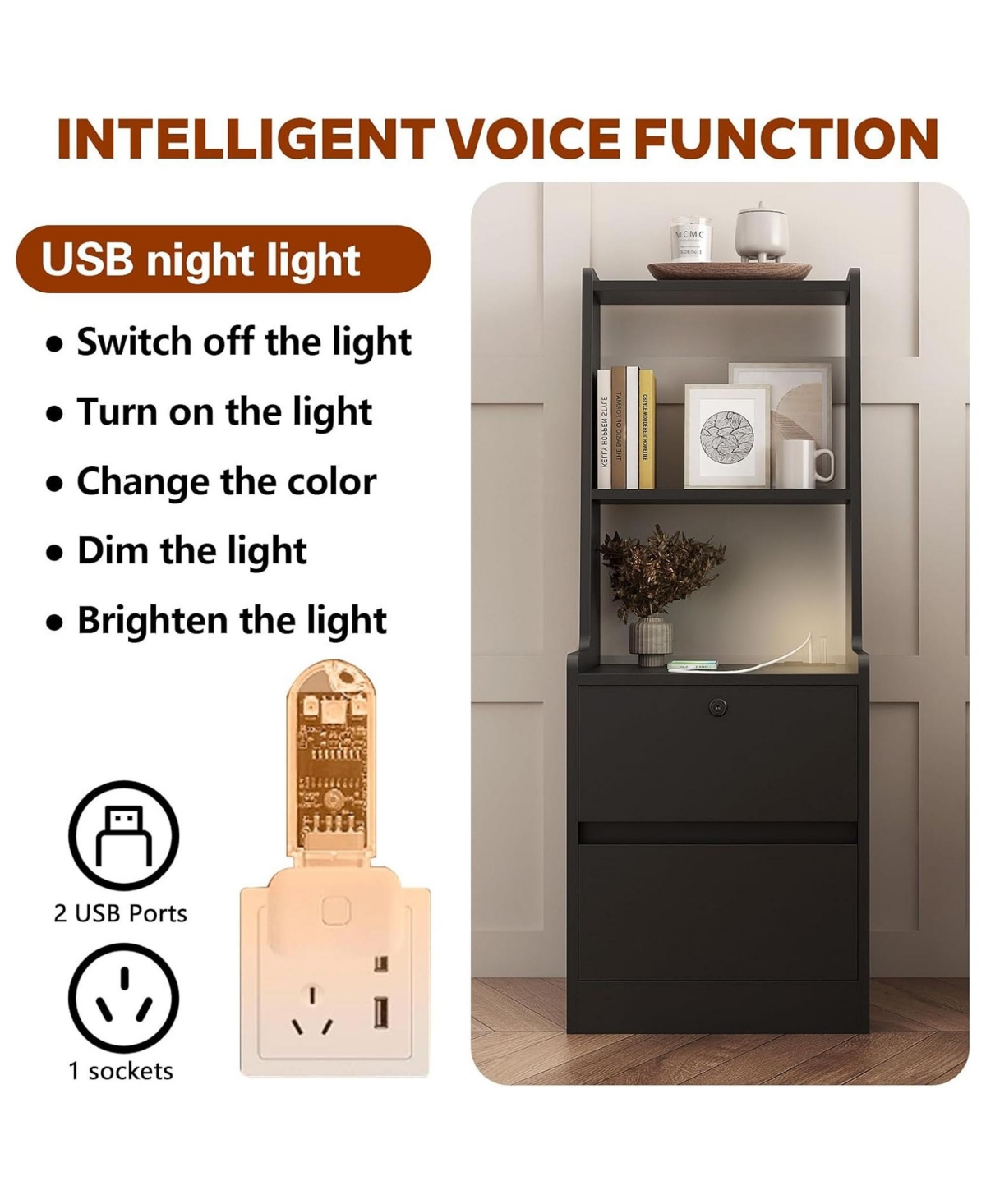 Rainsken Nightstand with Charging Station and Night Light, Lockable Bedside Cabinet Table with 2 Storage Drawers and Bookshelf for Bedroom