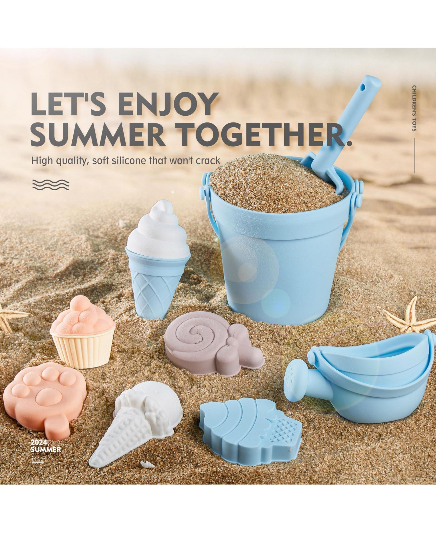 Детские игрушки GNUADZ Silicone Beach Toy Set with Bucket, Watering Can, Shovel & Molds, 14-Piece, Ages 5-7, цвет: Светлый синий — фото 3