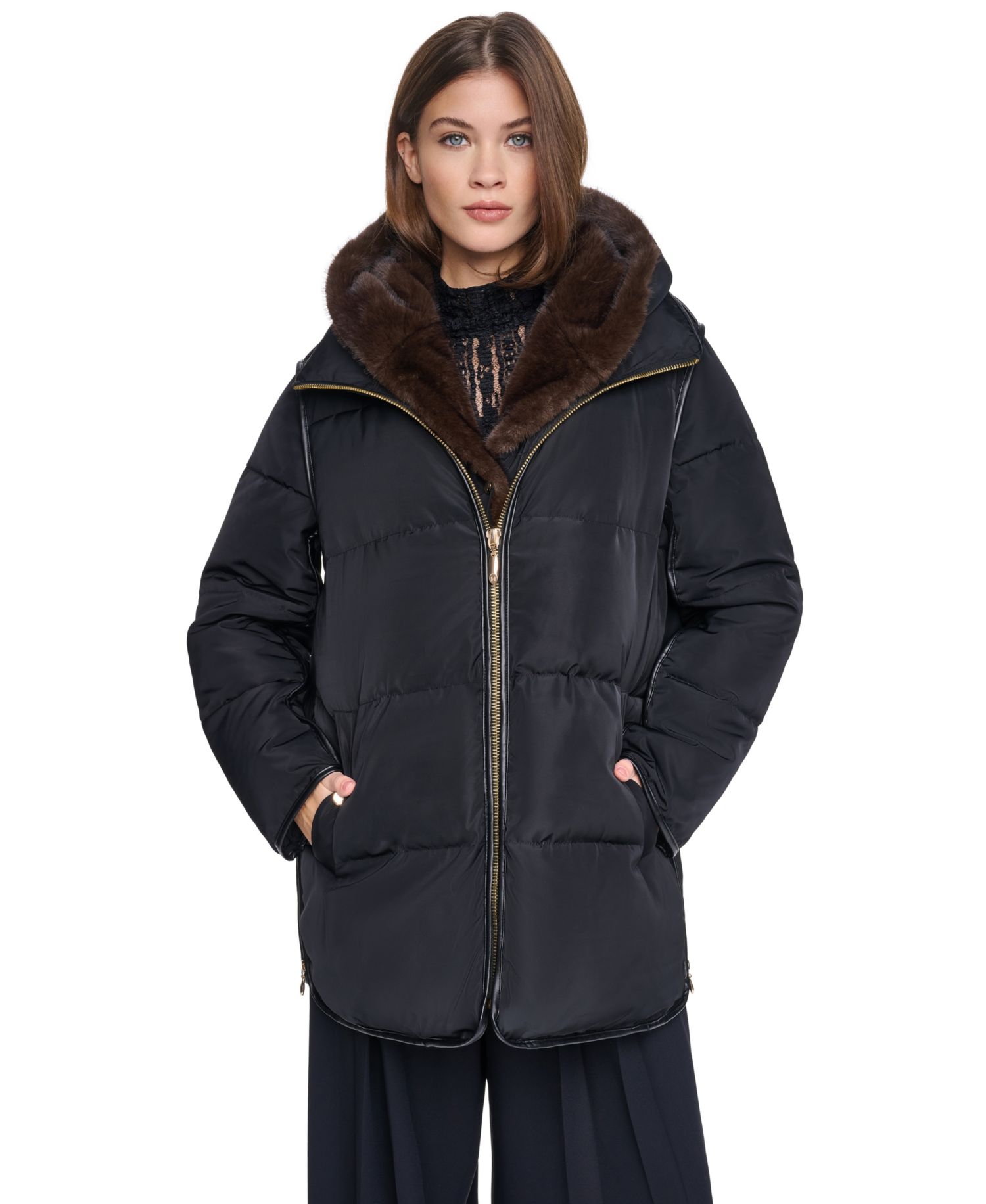 Women's Faux Fur Bibbed Hooded Puffer