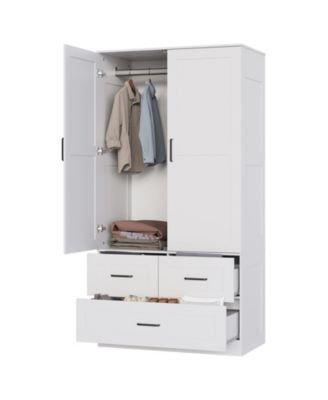 Freestanding Wardrobe Closet with Hanging Rod and 3 Drawers, 70" Tall Wooden Storage Cabinet for Bedroom