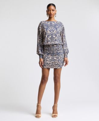 Women's Boat Neck Ruched Printed Mini Dress