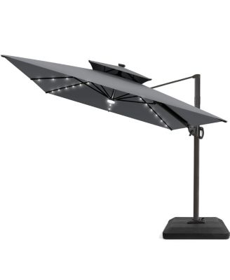 Outdoor Patio 9x11FT Aluminum Double Canopy Solar Lights Cantilever Umbrella with Base