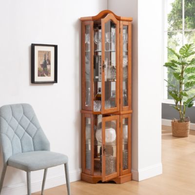 Lighted Corner Curio Cabinet with Tempered Glass Doors and Shelves Elegant Oak Display Storage