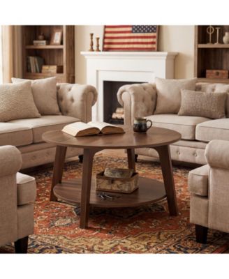 2-Tier Modern Round Coffee Table with Storage Shelf for Living Room, Wooden Accent Table with Curved Legs