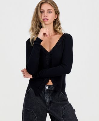 Juniors' Lace-Trim Ribbed Knit Top
