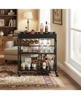3-Tier Bar Cart with Wheels, Rolling Beverage Cart with Wine Rack and Removable Tray