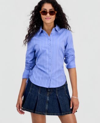 Juniors' Cinched-Hem Striped Shirt