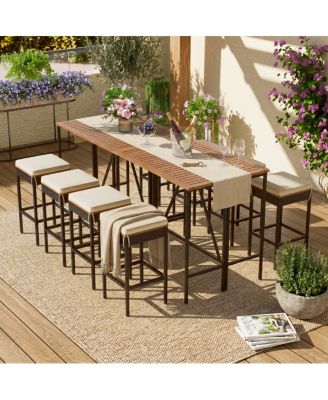 Piece Acacia Wood and Wicker Outdoor Bar Height Dining Set with Cushions