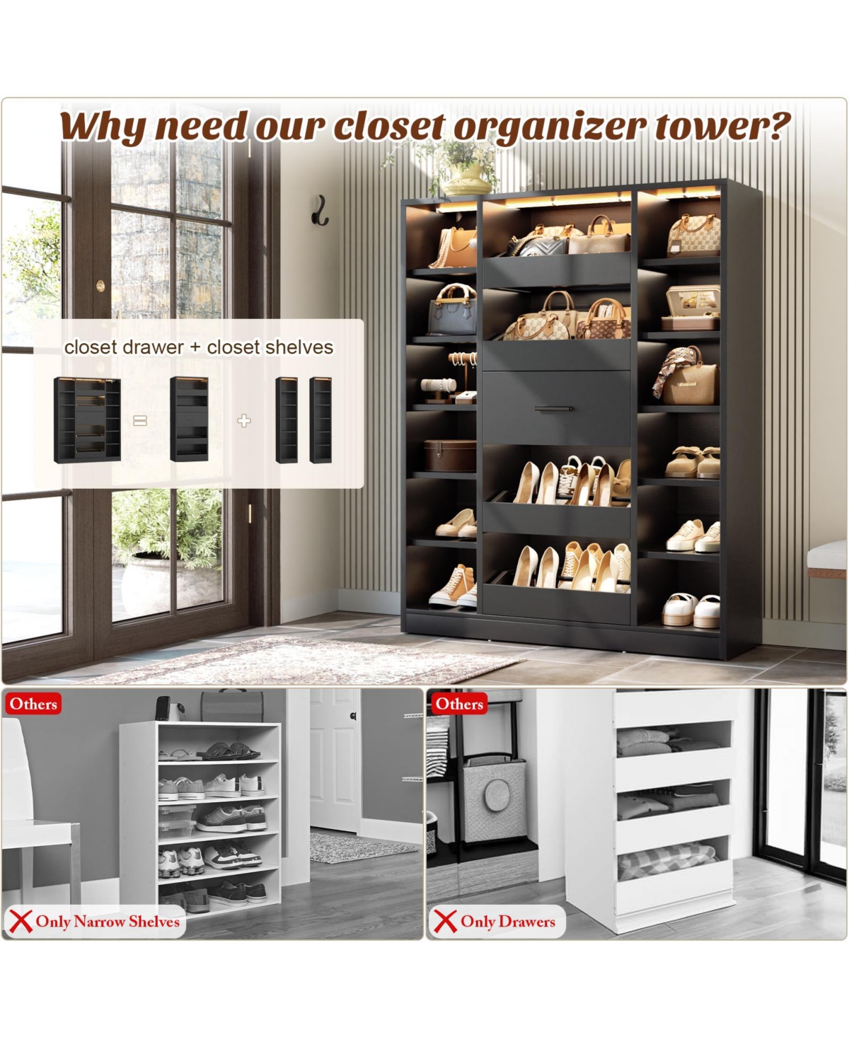 Aheaplus Wooden Shoes Cabinet with Led Lights, Freestanding Closet Organizer Drawer and Shelves