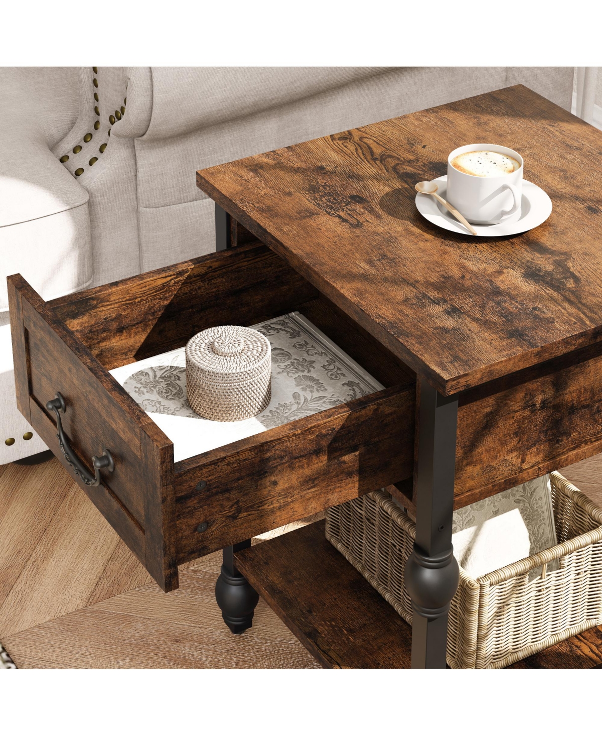 homfan Industrial End Table with Drawer and 2 Tiers, Retro Brown Nightstand for Bedroom Living Room