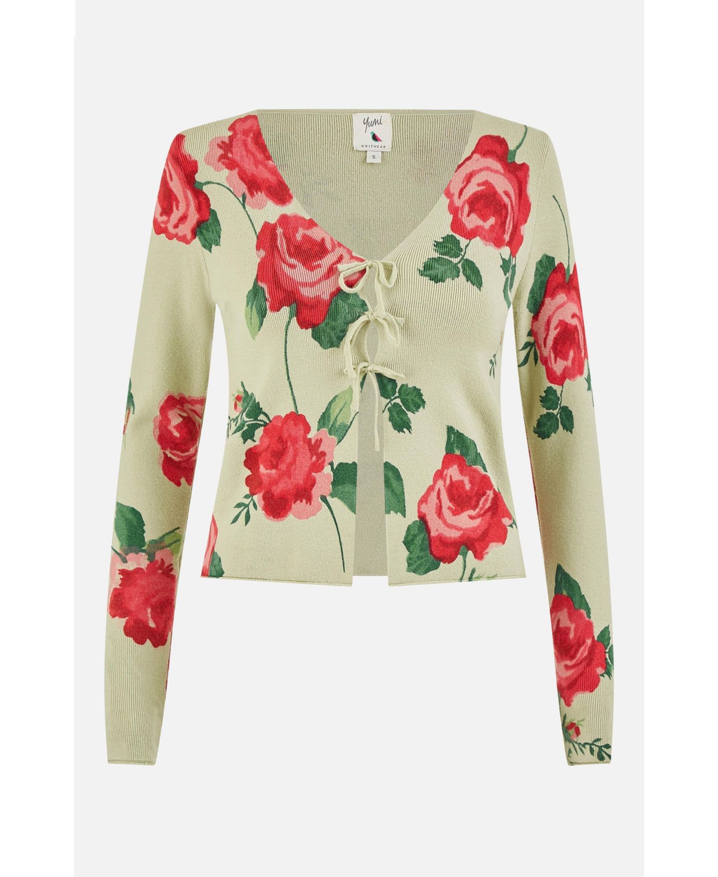 Женский кардиган Yumi Long Sleeve V-Neck Tie Front, цвет: Зелёный — фото 7