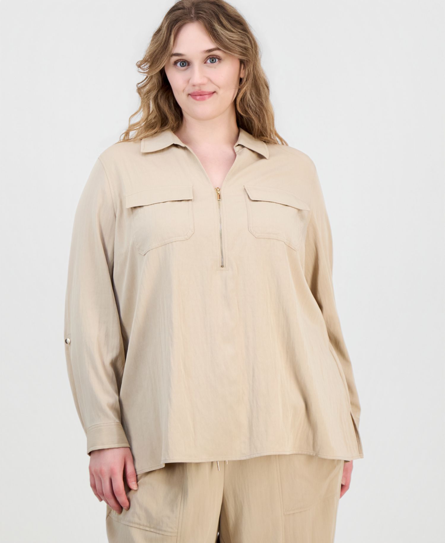 Plus Size Collared Half-Zip Long-Sleeve Top & Pull-On Straight-Leg Pants