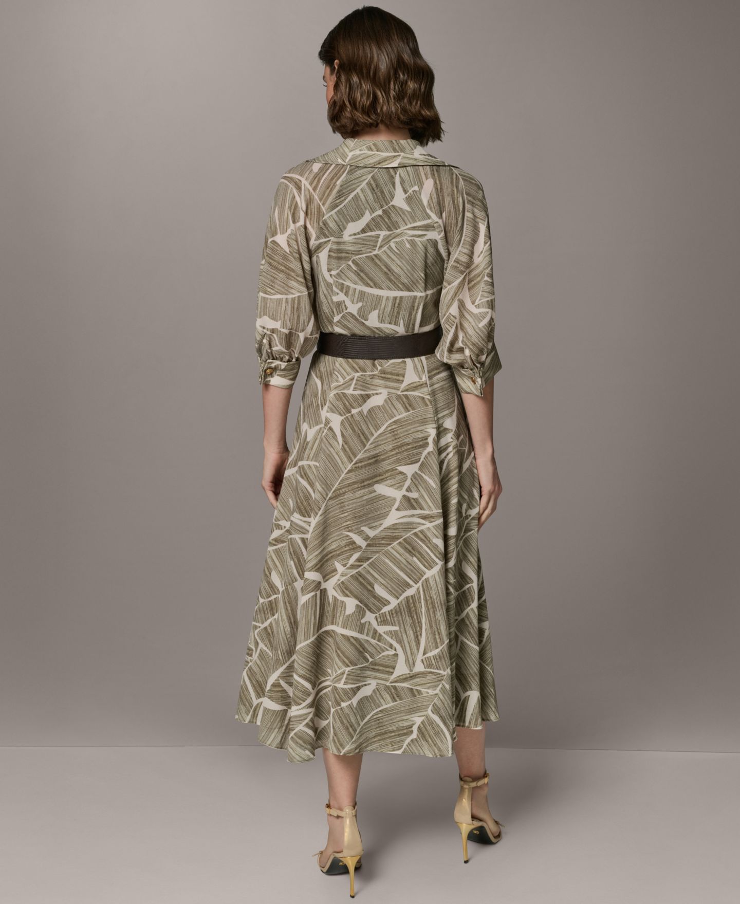 Женское платье Donna Karan New York Printed Collared Shirt Dress with Faux Leather Belt, цвет: Оливковый разноцветный — фото 7