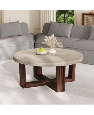 Round Coffee Table Marble Pattern Top, Cross Base, Modern Center Table