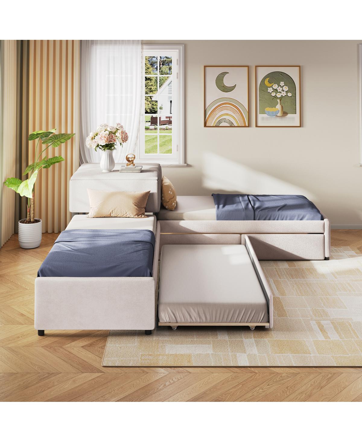 Streamdale Furniture L-Shaped Upholstered Twin Platform Bed with Trundle, Drawers, and Desk