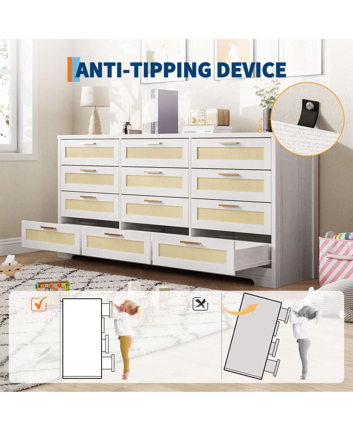 homfan 12-Drawer Rattan Dresser, Modern Chest of Drawers with Rattan Panels, Storage Organizer for Bedroom Nursery Entryway Living Room