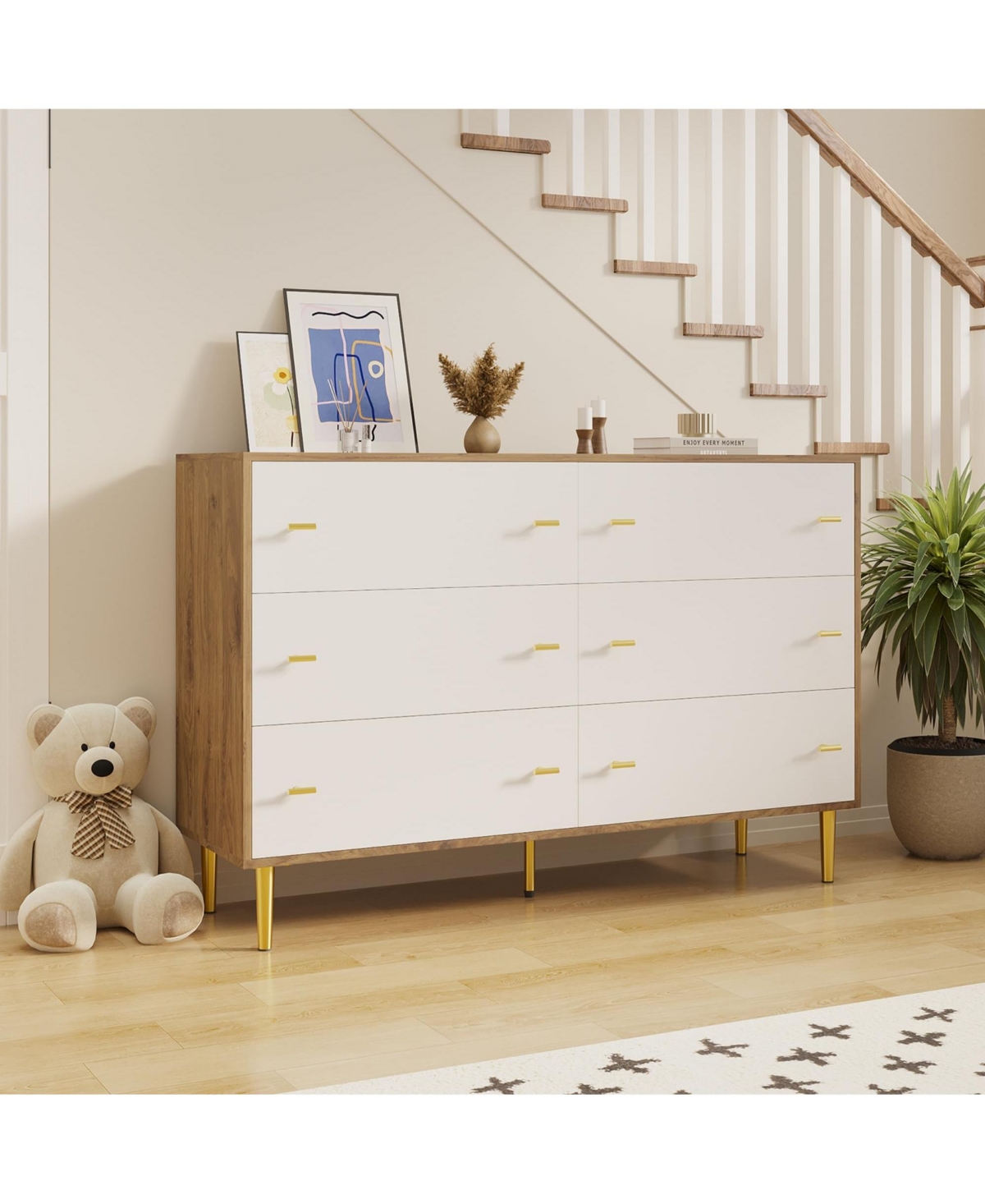 homfan 6-Drawer Farmhouse Dresser, Wide Wood Rustic Chest of Drawers with Bar Handles for Bedroom Living Room Hallway