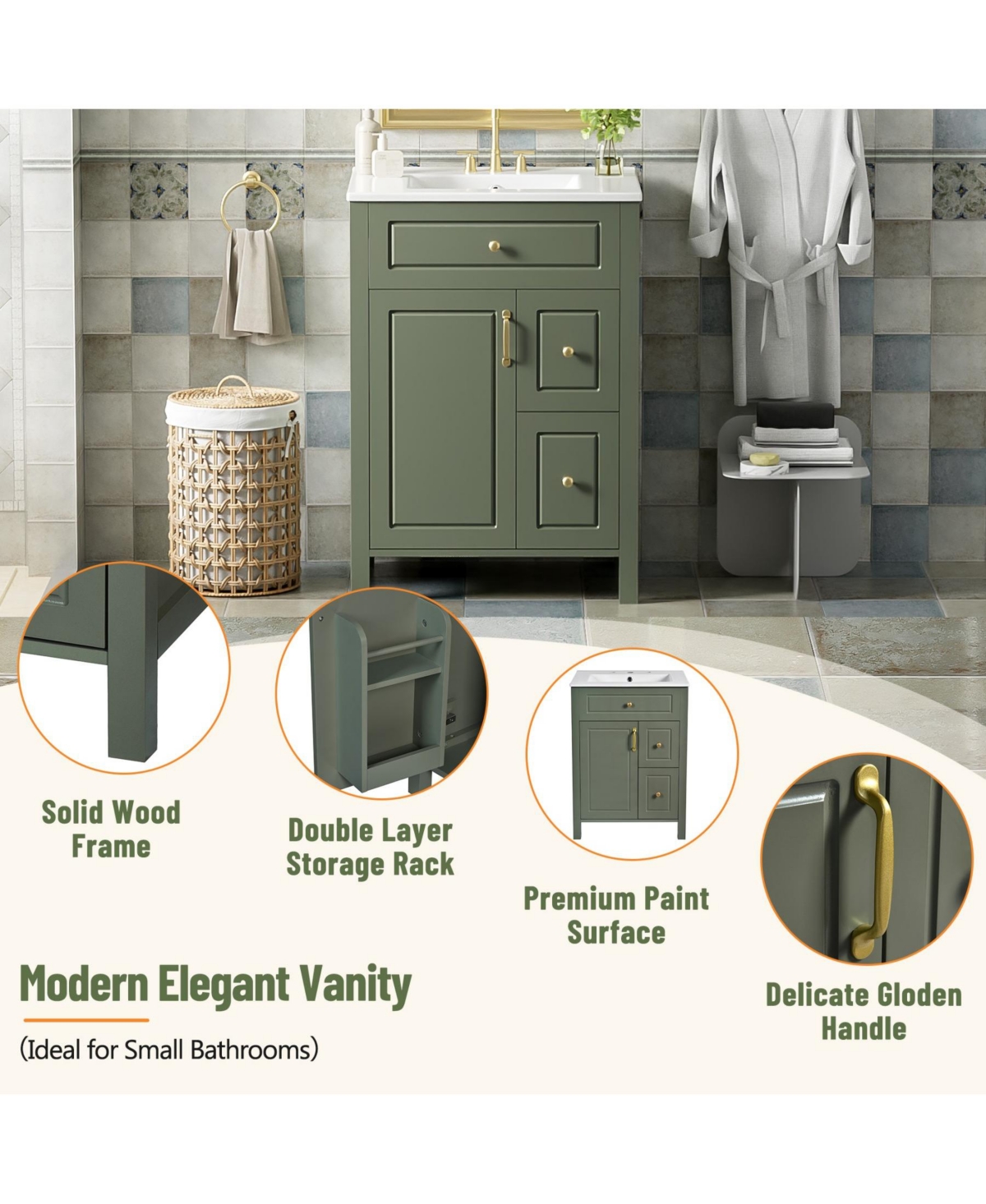 Phying 24 Inch Bathroom Vanity with Ceramic Sink Modern Freestanding Bathroom Cabinet with 2 Soft Close Drawers and Double Door Storage Racks