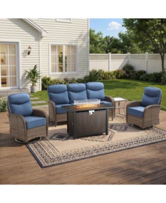 Patio Furniture Set with 6-inch Thick Cushion, Outdoor Furniture with Pit Table, Swivel Chairs, Side Table, Sofa, 5pcs Wicker Conversation Set