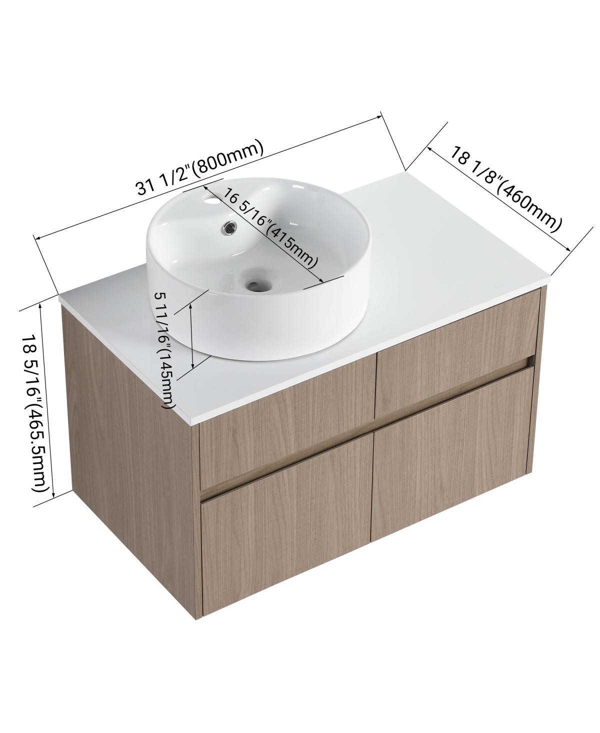 Sillysis 31.5 Inch Wall Mounted Bathroom Vanity with Round Ceramic Sink, Storage Drawers and Wood Grain Finish for Modern Bathrooms