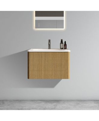 24'' Wall Mounted Bathroom Vanity with Integrated Ceramic Sink, Oak Floating Bathroom Vanity without Faucet, Pre-assembled