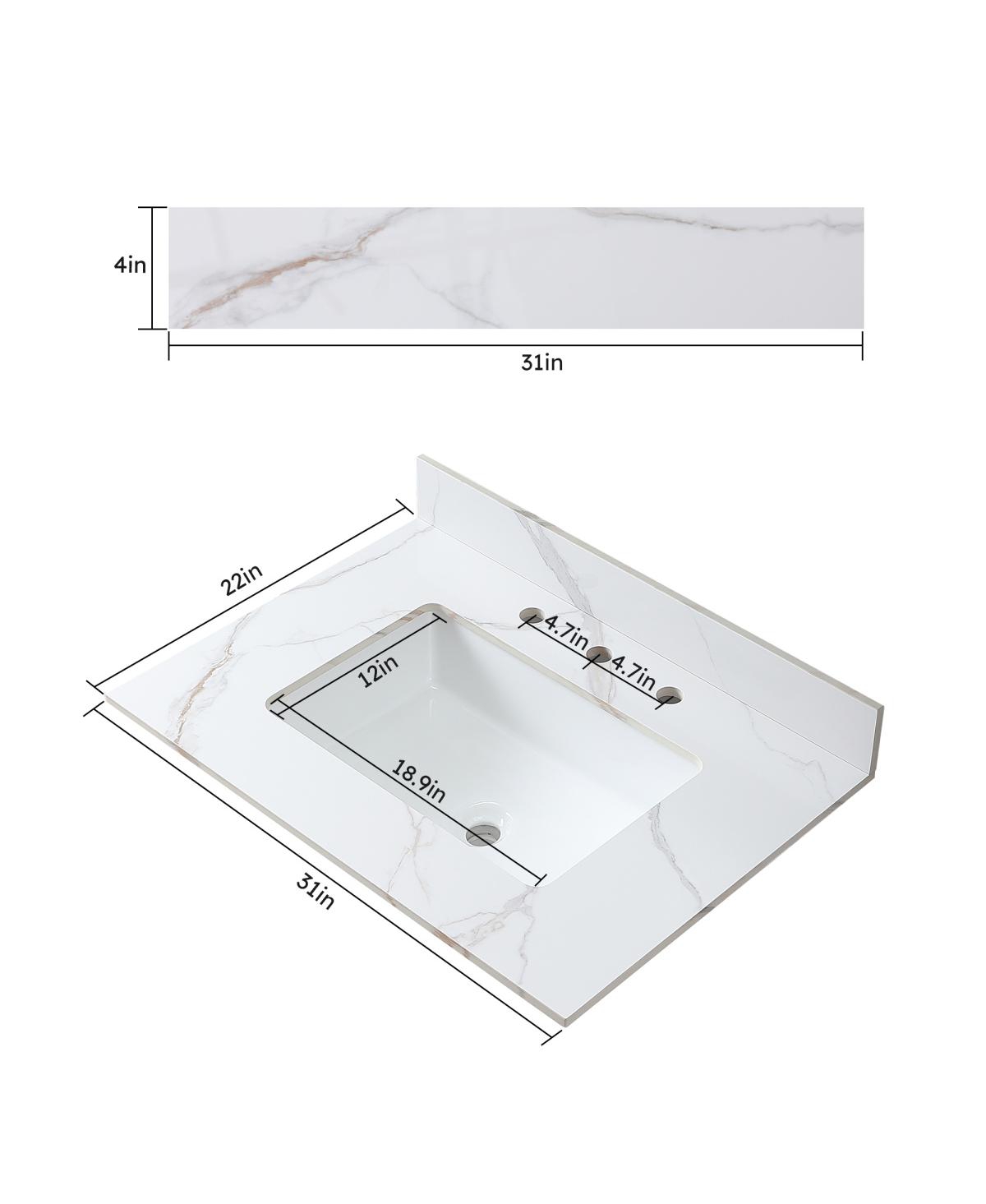 Sillysis 31/37/43 Inch Sintered Stone Vanity Top with Ceramic Rectangular Sink, 4 Inch Backsplash, 3 Faucet Holes