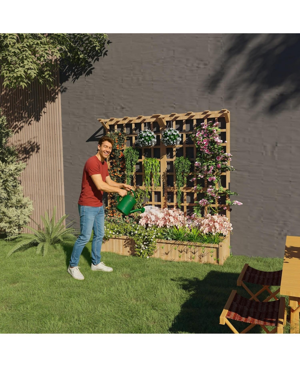 Xo 2-Tier Wooden Planter Box with Trellis, Elevated Raised Garden Bed with Roof and Drainage for Vegetables, Flowers